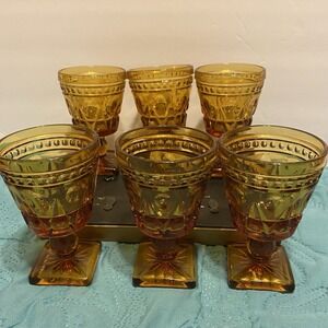 Vintage Set / 6 Cordial 4.5" Indiana Glass Amber Colony Park Lane Footed Glasses